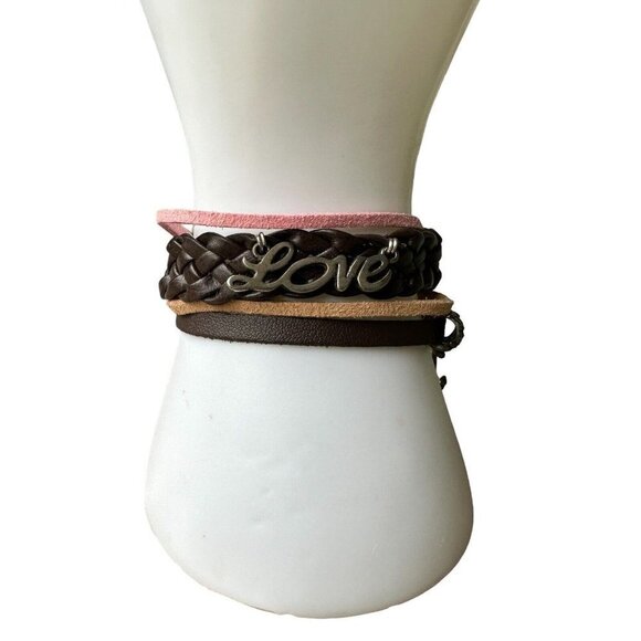 VTG Cuff Bracelet 8" Strap Brown Leather Love‎ Anchor Metal Braided - Picture 2 of 8